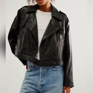 NWT Free People Black Lamb Leather Modern Chemistry Cropped Moto Jacket L